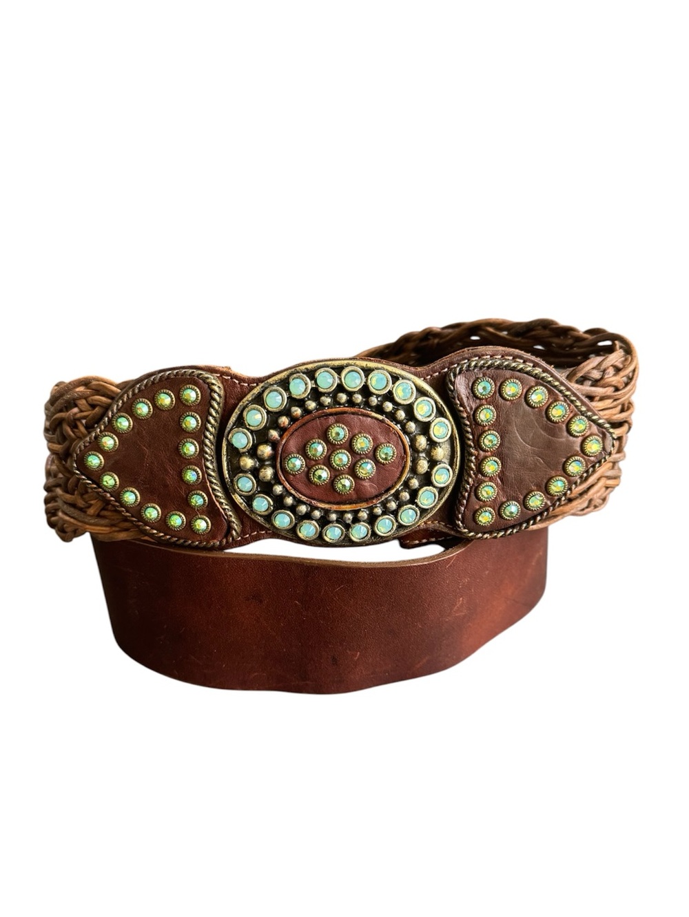 Leatherock Brown Leather Belt Crystal Embellished Buckle Western Cowgirl Large